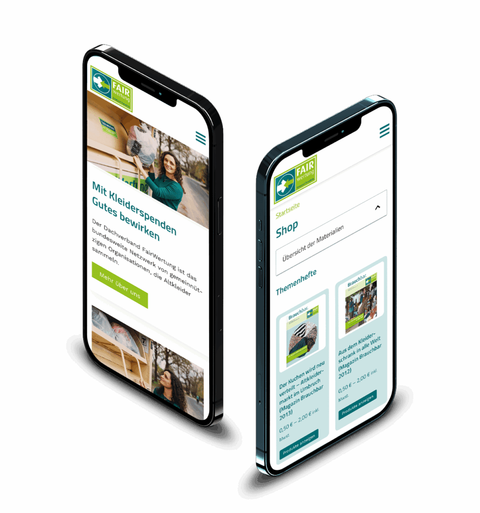 FairWertung website and online shop on two smartphones