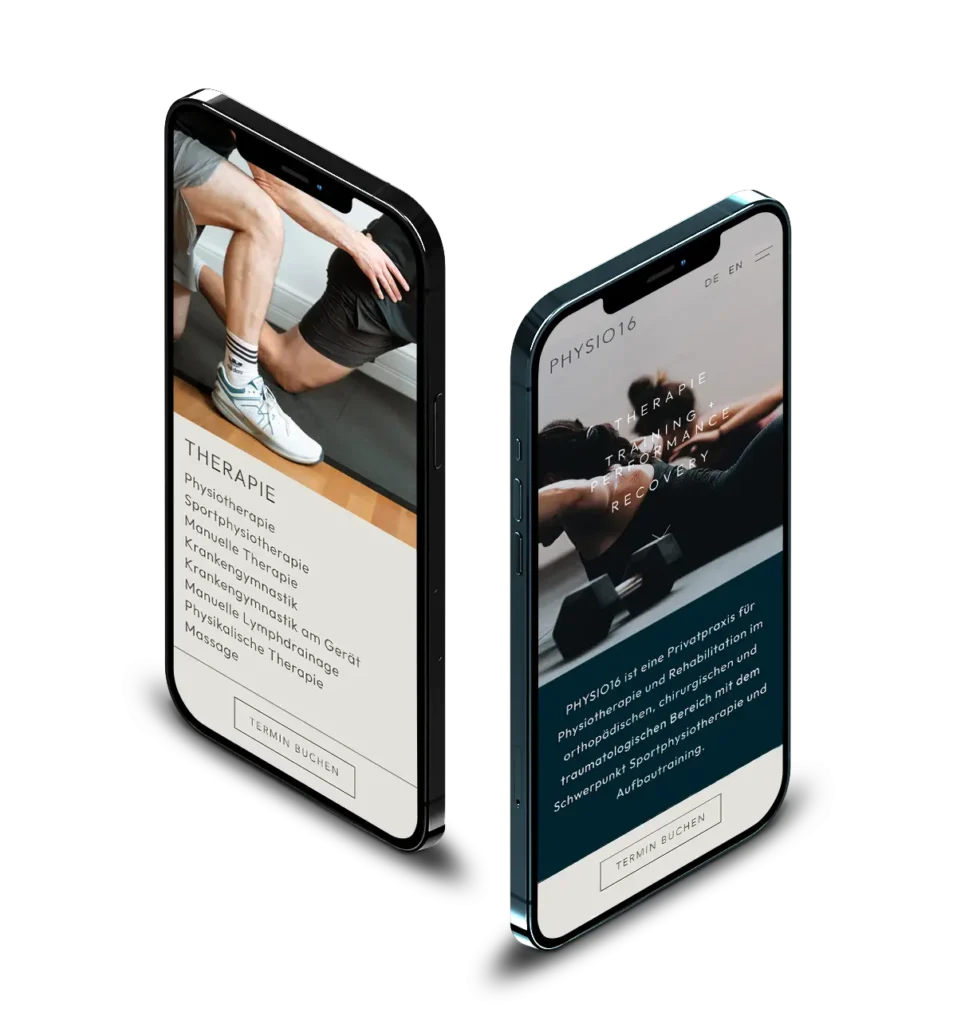 The Physio16 website on two smartphones