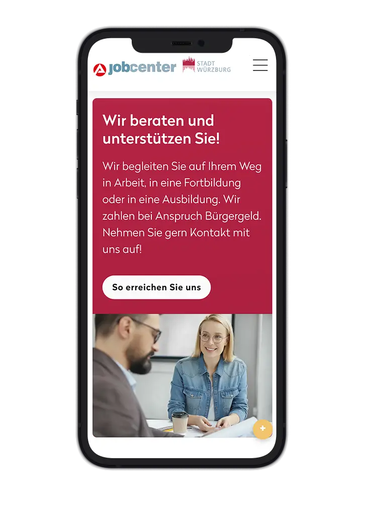 Mobile version of the Jobcentre Würzburg website