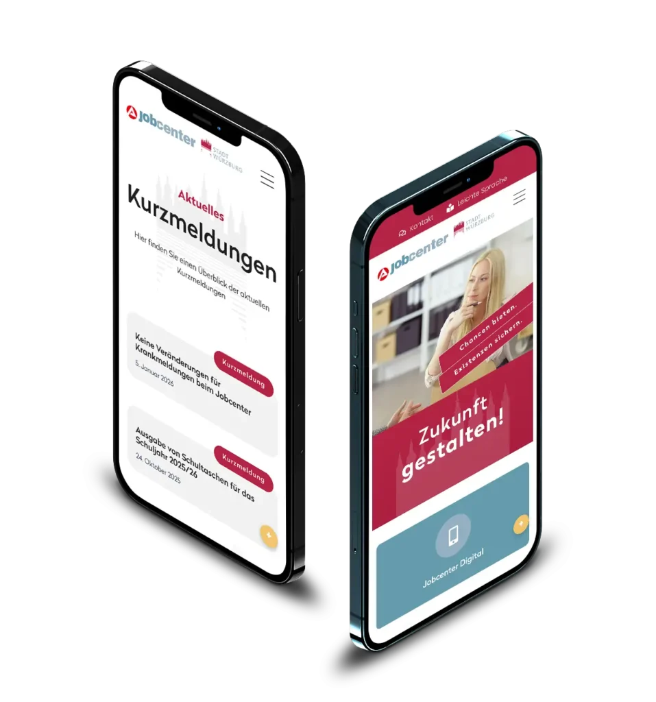 The Würzburg Jobcentre website on two smartphones