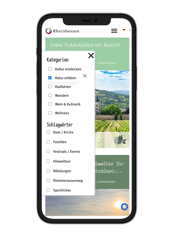 Mobile filter function on the Rheinhessen Blog