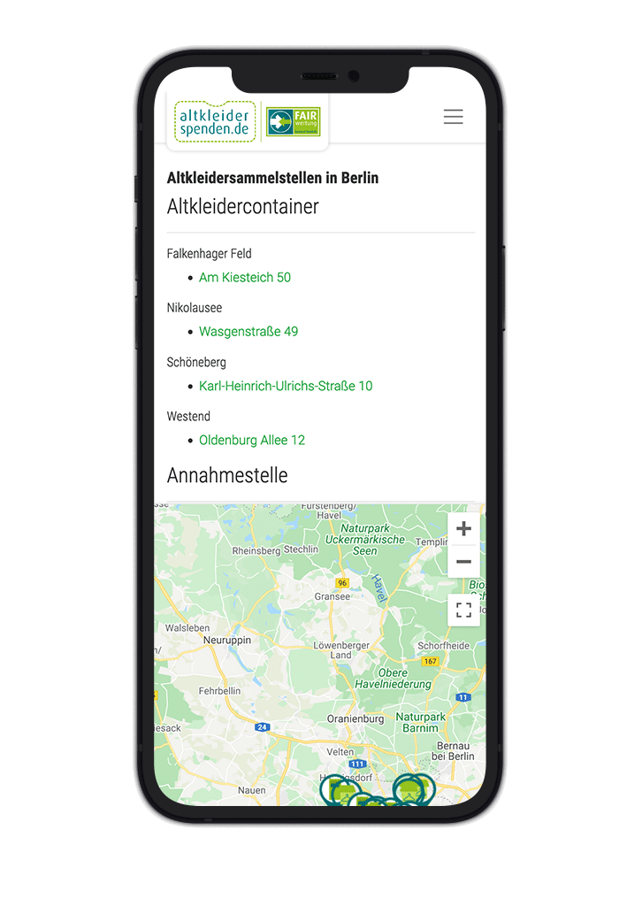 altkleiderspenden.de mobile homepage
