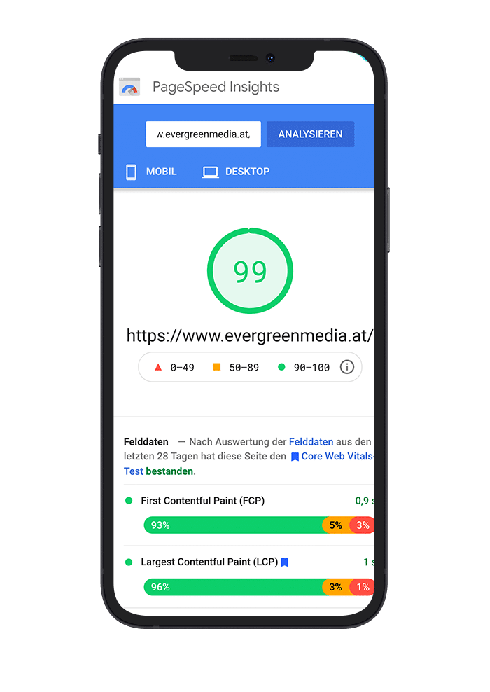 PageSpeed score for the Evergreen Media website (mobile)