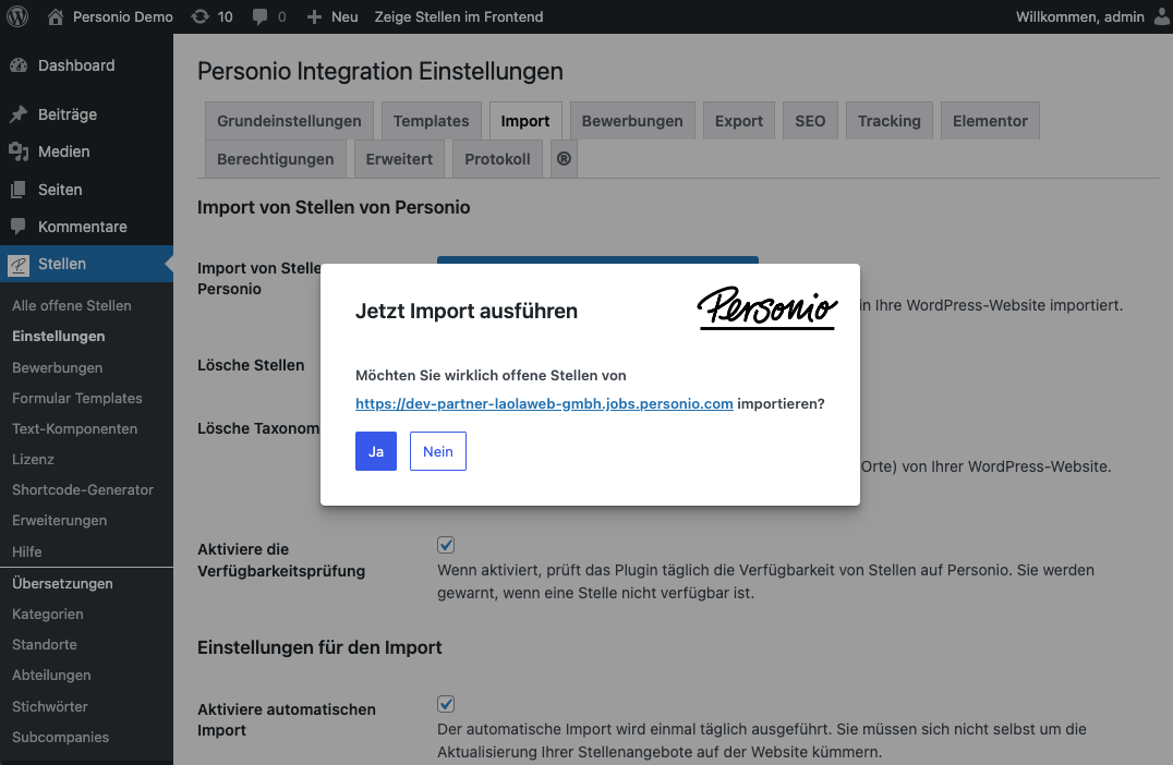 Enter the Personio URL in the plugin settings