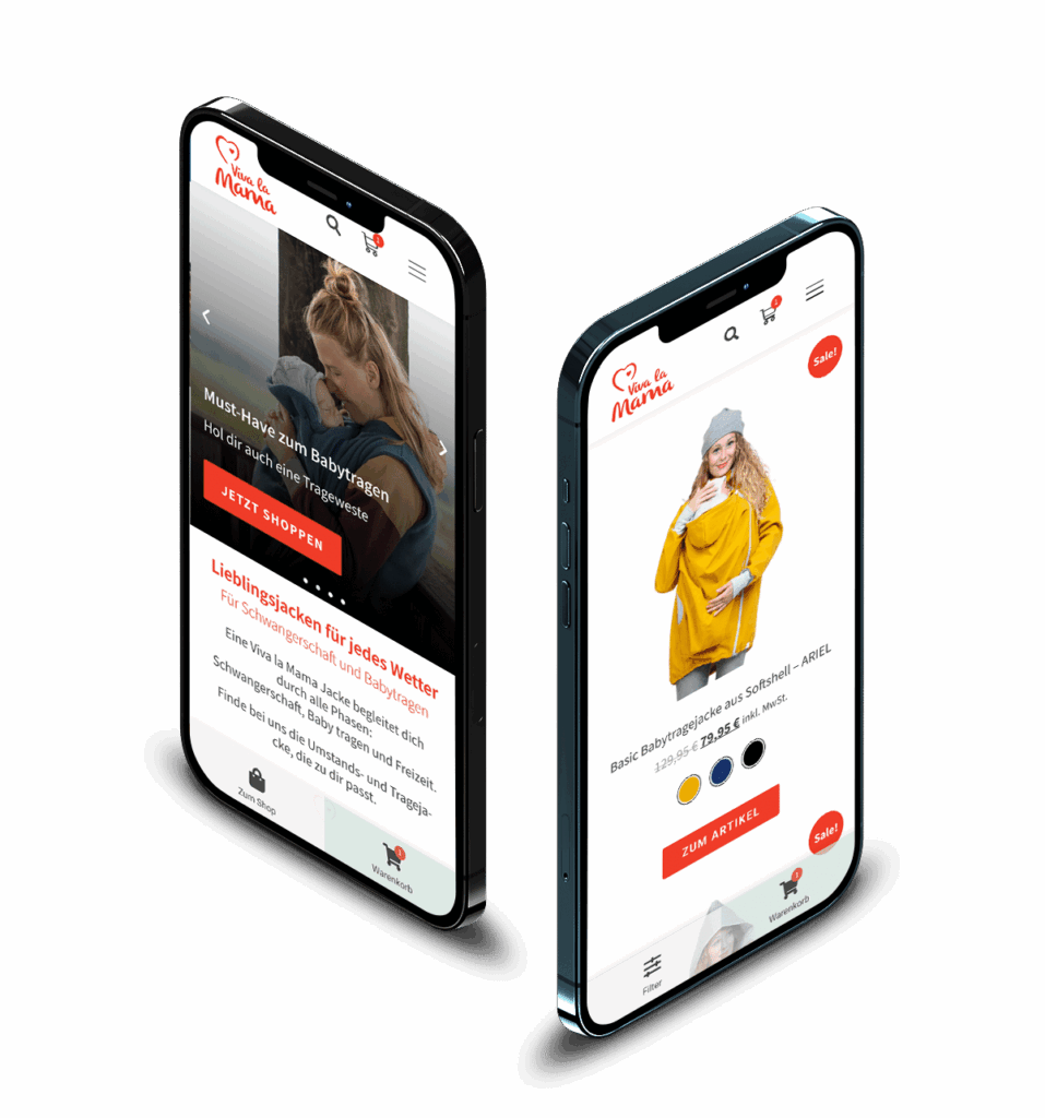 The Viva la Mama online shop on two smartphones