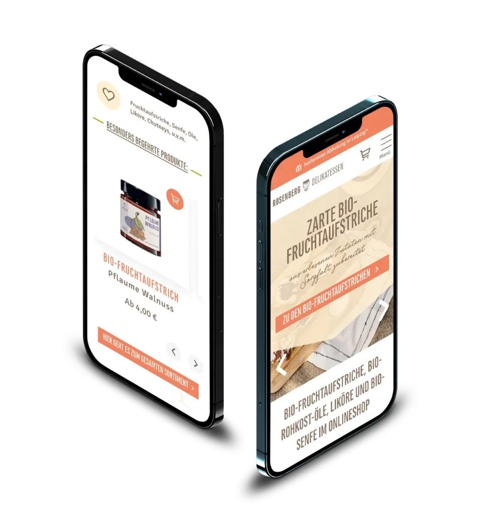 Rosenberg Delicatessen online shop on two smartphones